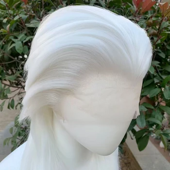 Parrucca Sintetica Bianca 13x4 con Frontale in Pizzo per Donne, Lunghezza Spalle, Stile Mullet, Parrucca Sintetica a Coda di Lupo