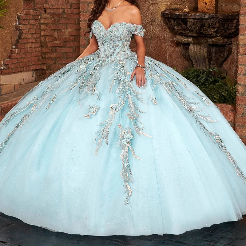 

Sky Blue Princess Sweet 16 Quinceanera Dresses Off Shoulder Applique Lace Beaded Boning Corset vestido para debutante de 15 anos