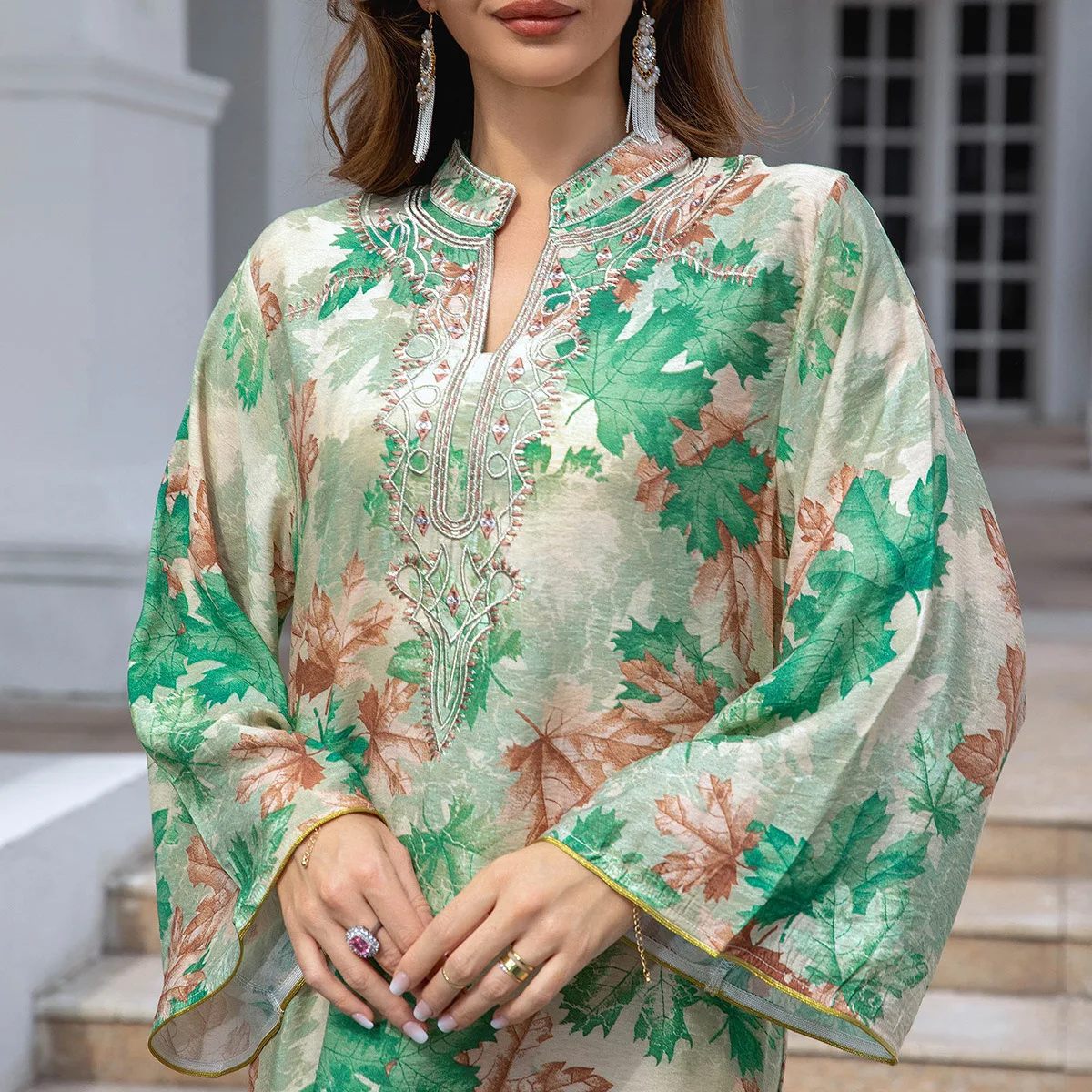 2024 Spring V Neck Elegant Long Sleeve Embroidered Abayas for Women Evening Gown Green Abaya Muslim Fashion Dress