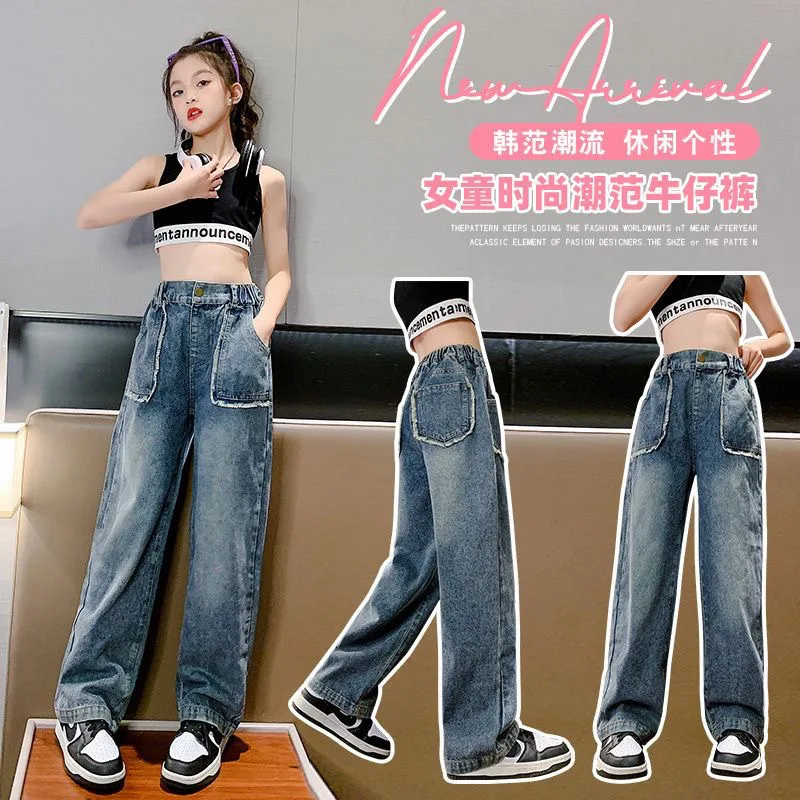 용수철 십대 소녀 데님 와이드 레그 팬츠, 어린이 바지, 캐주얼 청바지, 4, 6, 8, 10, 11, 12, 13 세 아동복, 여름