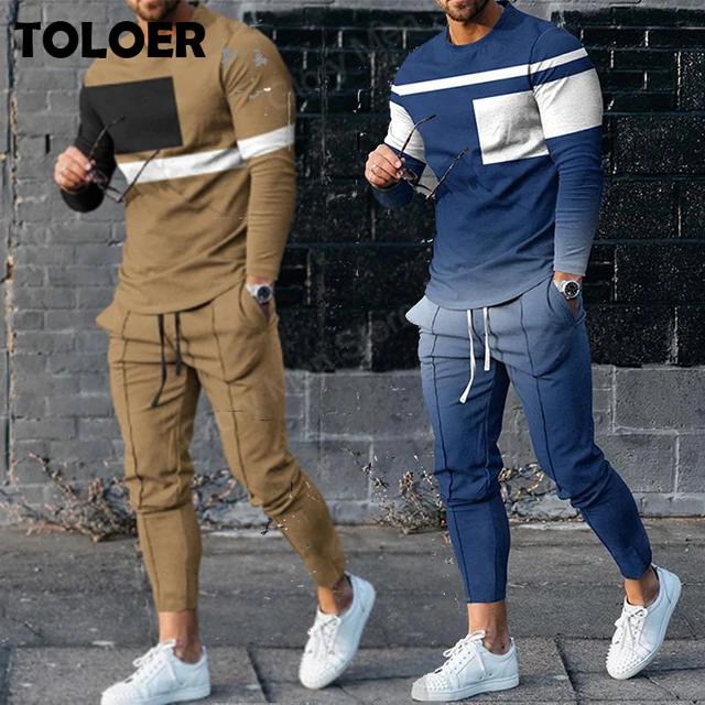 Tracksuit Set Men Fashion Stripe Long Sleeve T-shirt Trousers 2 Piece Jogging  Outfits Oversized Sport Suit Casual Streetwear - Men's Sets - AliExpress