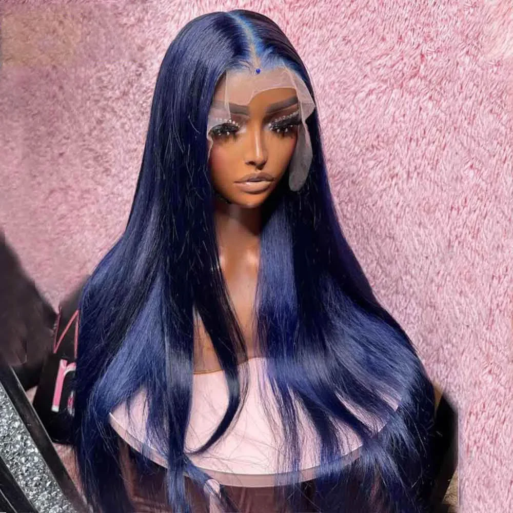 

Soft 26 inch Long Glueless 180Density Blue Silky Straight Swiss Lace Front Wig For Black Women BabyHair Preplucked Daily