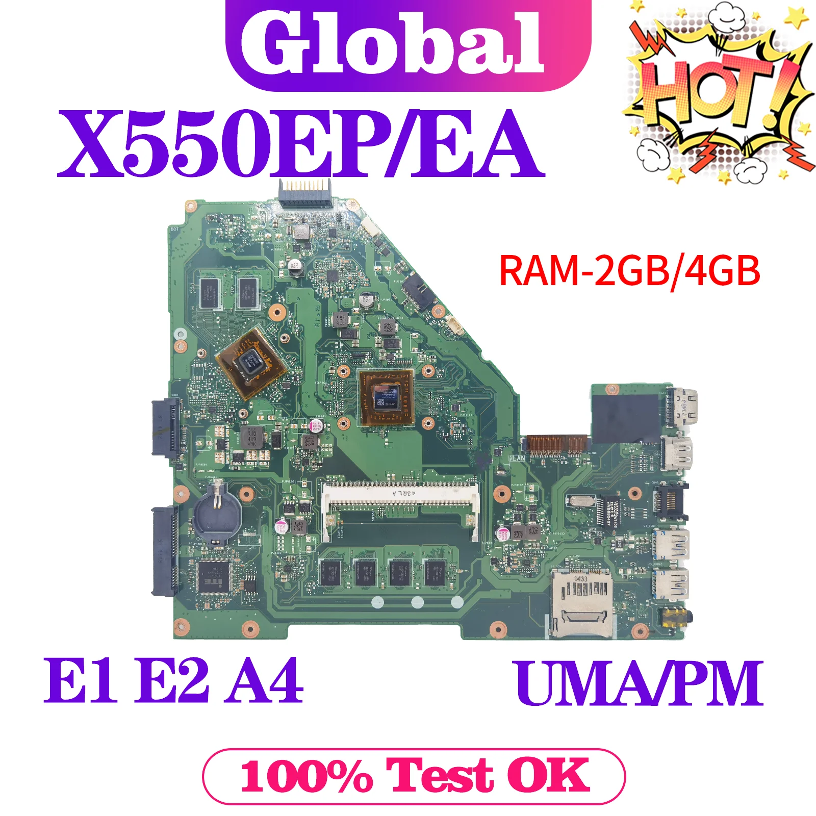 Kefu-placa-mãe Portátil para Asus Mainboard para Asus X550w X550wa X552w X550e D552e X550ea e1 e2 a4 Ram M2gb 4gb pm Uma