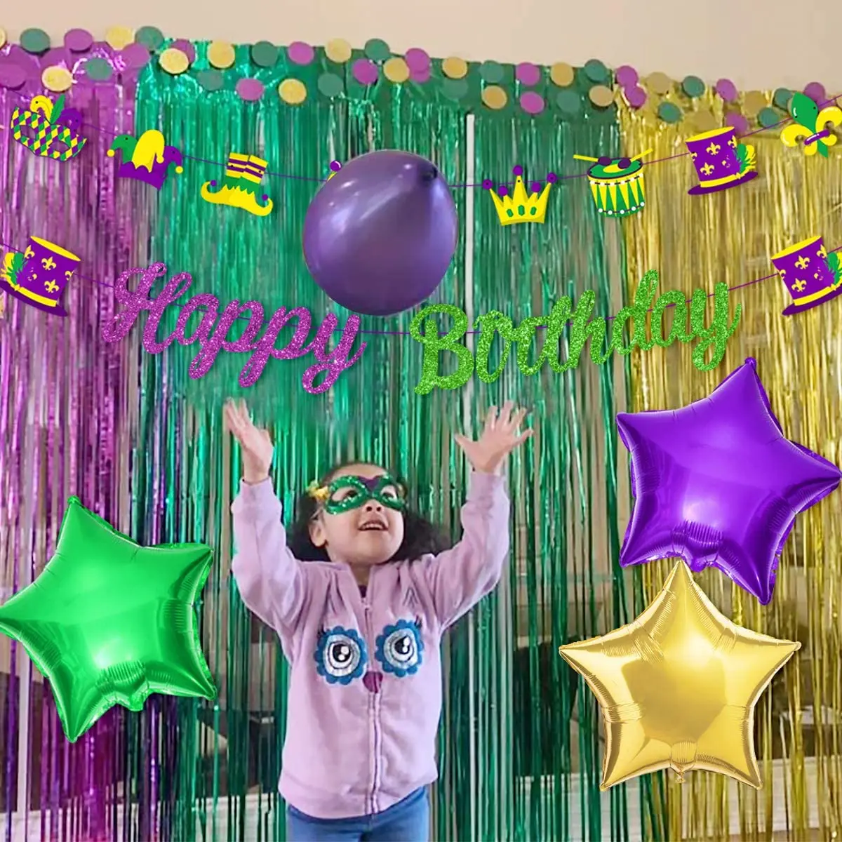 Cheereveal Mardi Gras Theme Party Decorations Purple Green Gold Balloon Set  Fringe Curtains for Mardi Gras