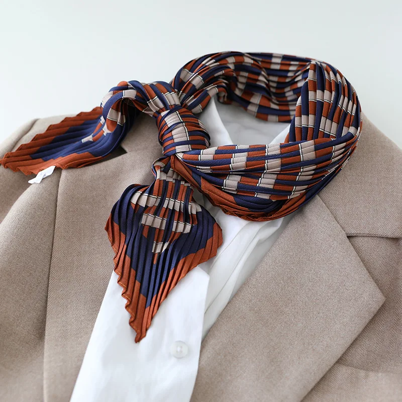 NEW Designer Pleated Square Imitated Silk Scarf For Women Floral Classy Chic Ladies Scarves Travel Neck Scarf Kerchief Bandana 6