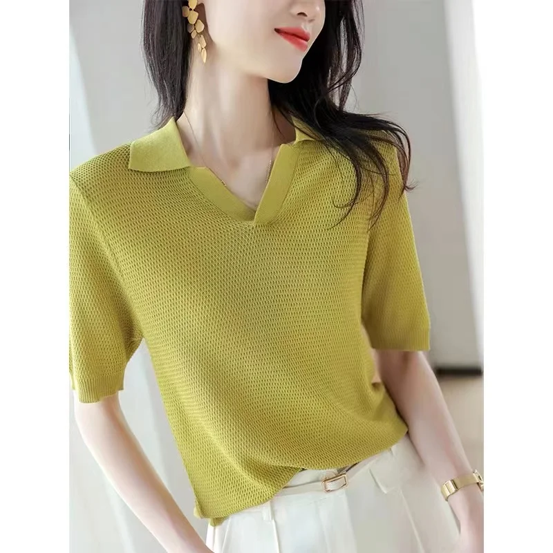 ice silk short sleeve knit cotton thread half sleeve POLO collar loose T-shirt women's summer wear thin temperament slimming top