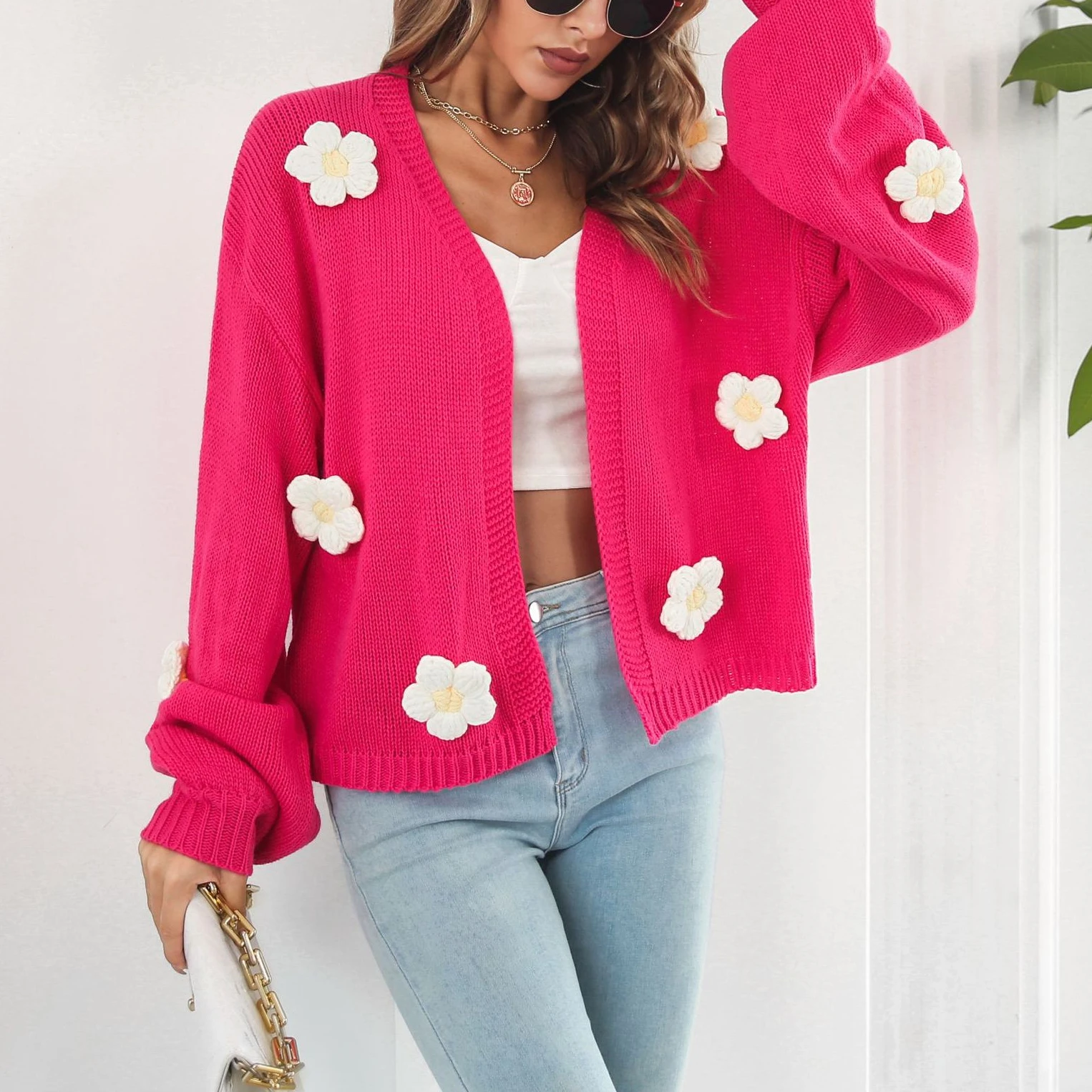 

New Three-dimensional Flower Lantern Sleeve Knitted Cardigan Korean Fashion Autumn Clothing Sweater Solid Loose Cardigan Women