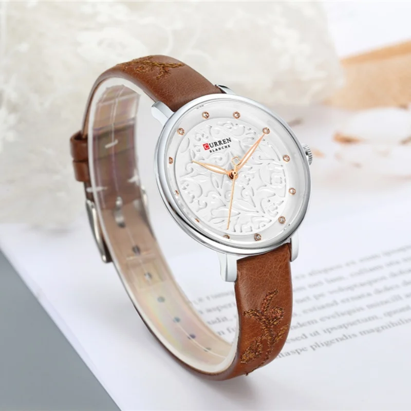 CURREN 9046 Fashion Casual Quartz Women's Watches Waterproof Genuine Leather Embroidered Strap Simple Elegant Ladies Wristwatch 6
