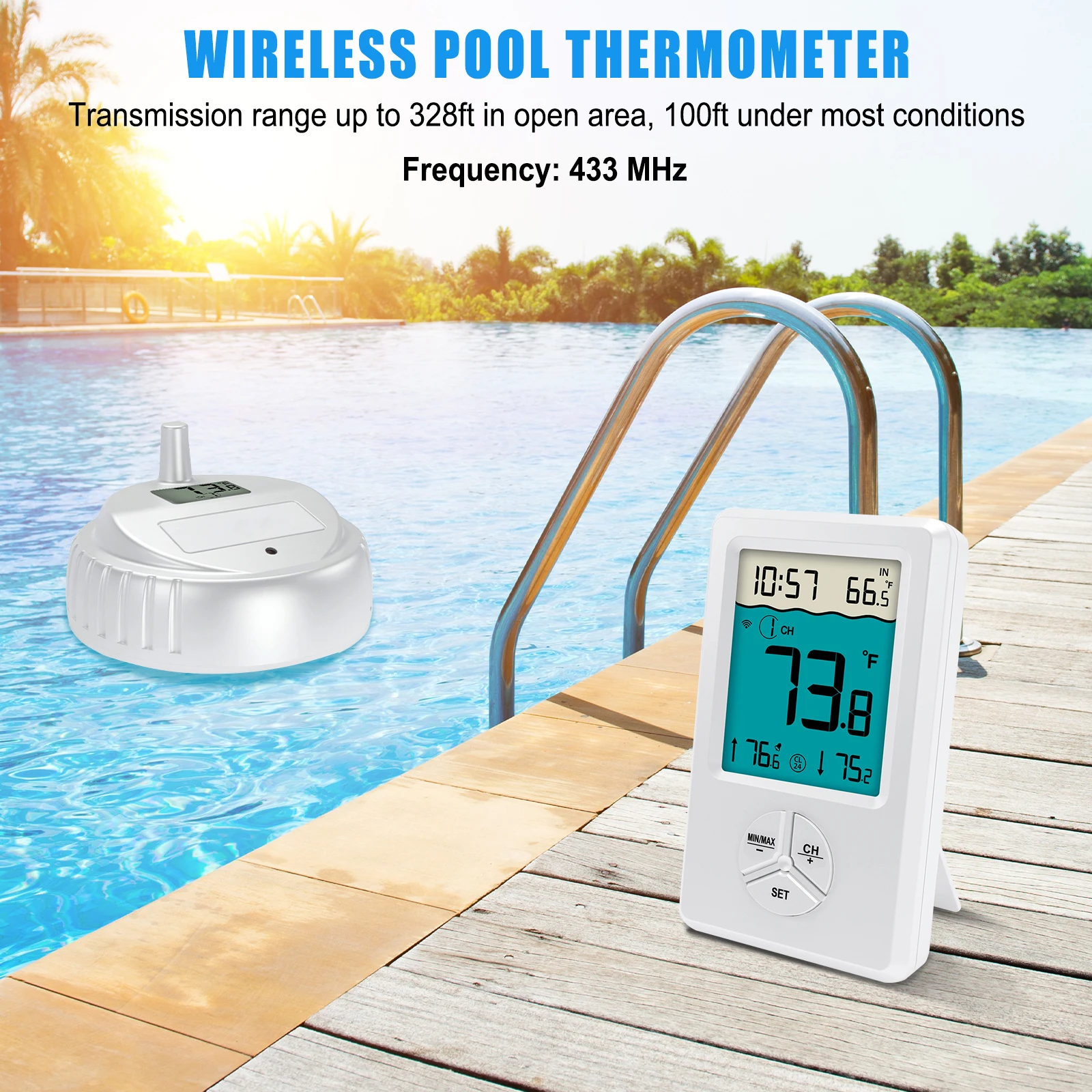 Pool Thermometer Floating Easy Read Wireless Water Temperature Monitor with IPX8
