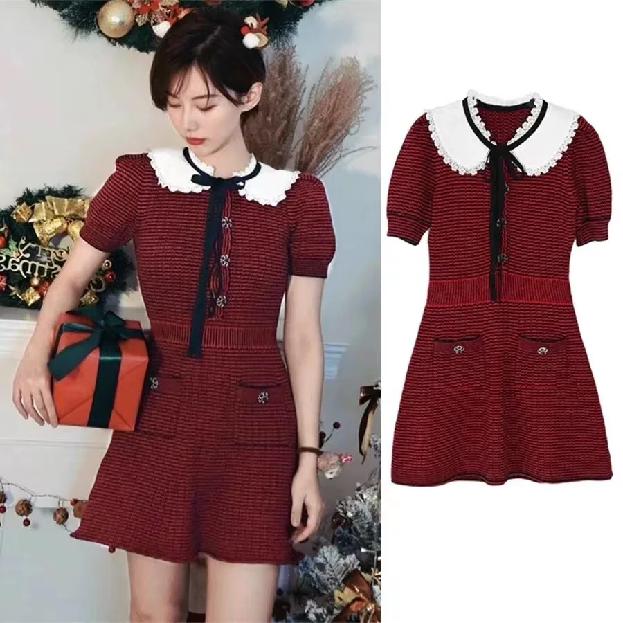 

Women's Mini Dress 2024 Early Spring New Red and Black Striped Bow Tie Peter Pan Collar Knitted Robe