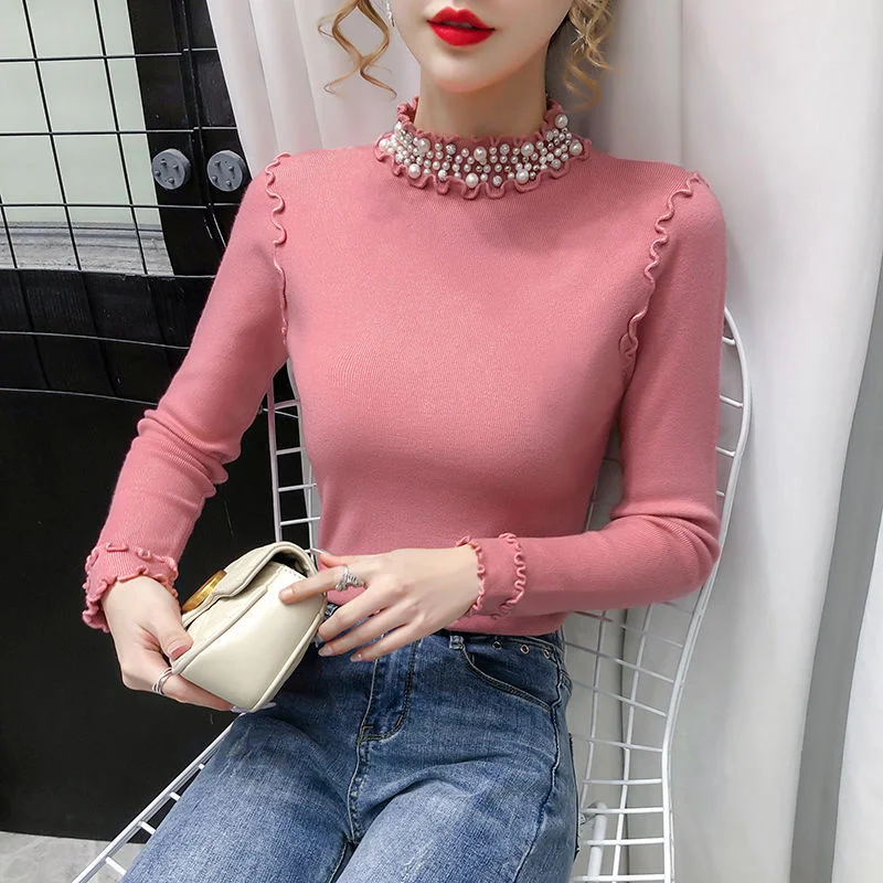 

Women's Sweater Turtleneck Beading Sweater 2023 New Fashion Autumn Winter Long Sleeve Korean Pullover Women Knitwear