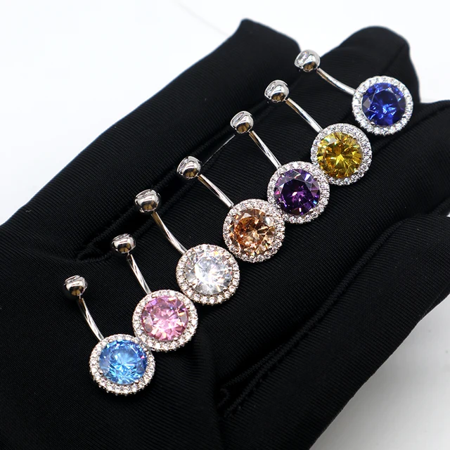MIQIAO 925 Sterling Silver Piercing Belly Button Rings Circular Purple Blue Pink White Yellow Champagne Aquamarine Women Jewelry