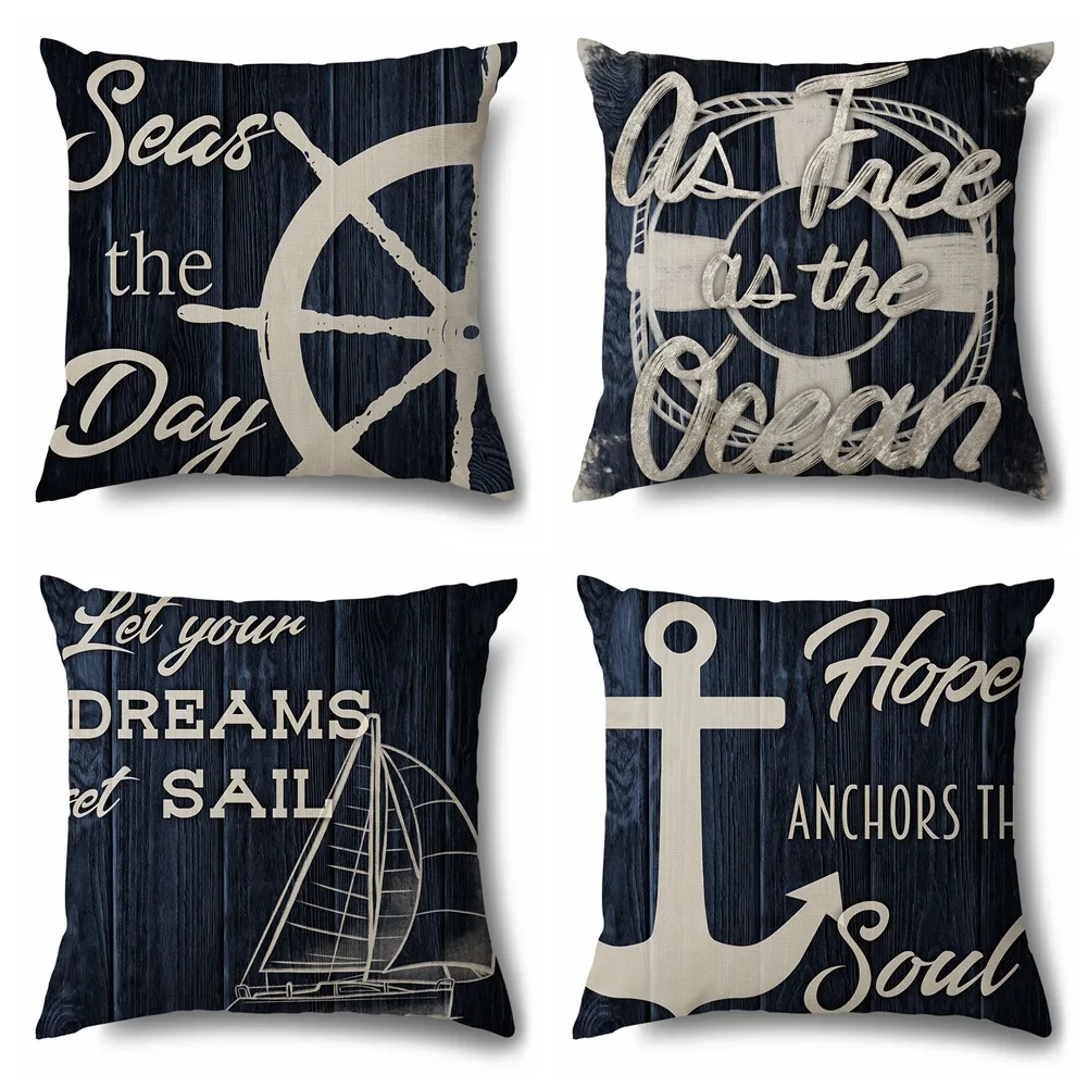 

Navy Blue Pillows Case Sea The Day Cotton Linen Pillowcase for Bedroom Garden Chair Pillow Cover Home Decor Bed Sofa 45x45cm