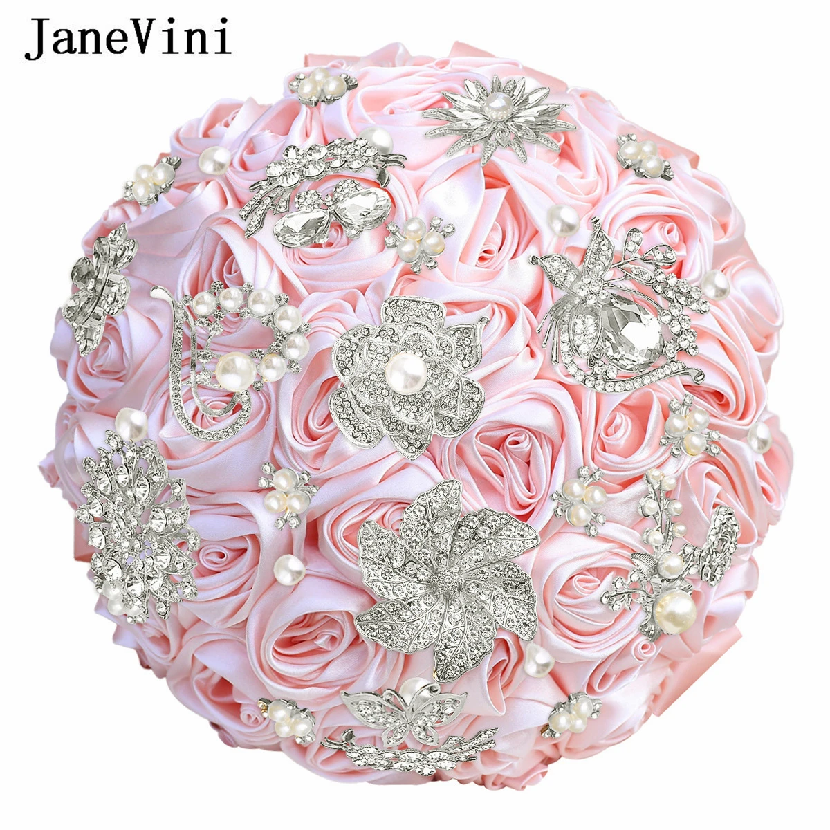 JaneVini Sage Green Silver Jewelry Bridal Wedding Bouquet Artificial Flowers Rhinestone Crystal Bouquet Bride Boeket Accessories