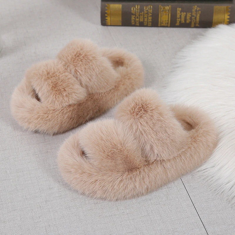 Classic Kids Fur Slippers Winter Warm Children Open-toe Fluffy Slippers Fashion Slip-on Girl Causal House Cotton Shoes Versatile