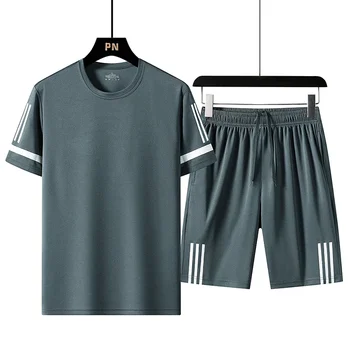 Short Sleeved T-shirt Men New Summer Slim Trendy Brand Ice Silk T-shirt Set of Casual Sports Suit Tracksuit Sweatpants Clothings 4