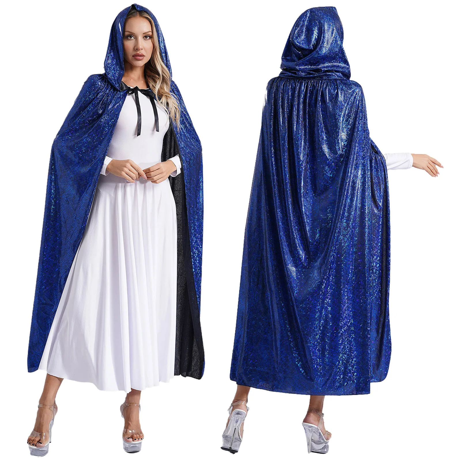 thumbnail image 1 of Capa con capucha brillante para mujer, capa larga, mago, bruja, mago, disfraz de vampiro, disfraz de Mardi Gras, Navidad y Halloween, 1 of 5