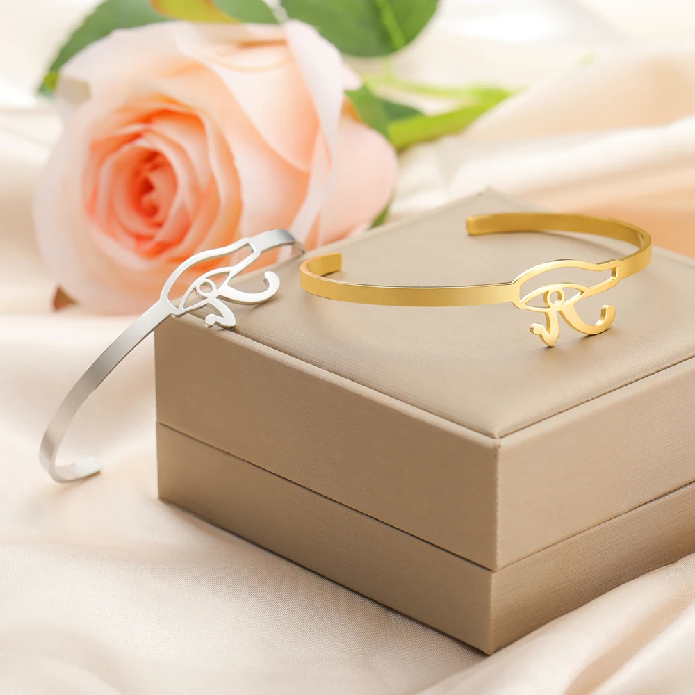 Stainless Steel Women Cuff Bangle Adjustable Eye of Horus Bracelet Ancient Egyptian Protection Amulet Jewelry