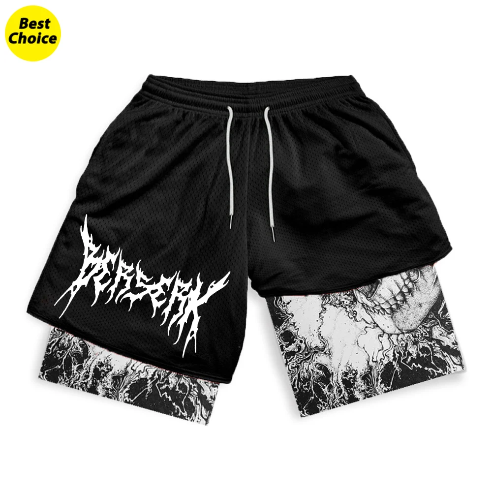 

Athletic Quick Dry 2 in 1 Compression Shorts for Men Stylish Manga Anime Berserk Gym Workout Shorts 5 Inch Running Fitness