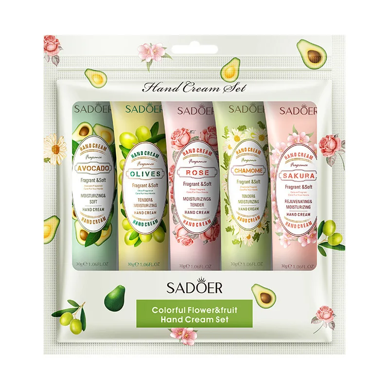 5pcs Sakura Olive Avocado Rose Chamomile Portable Soft Plant Extract Hand Cream Moisturising Smooth Flowers Fruits Flavor