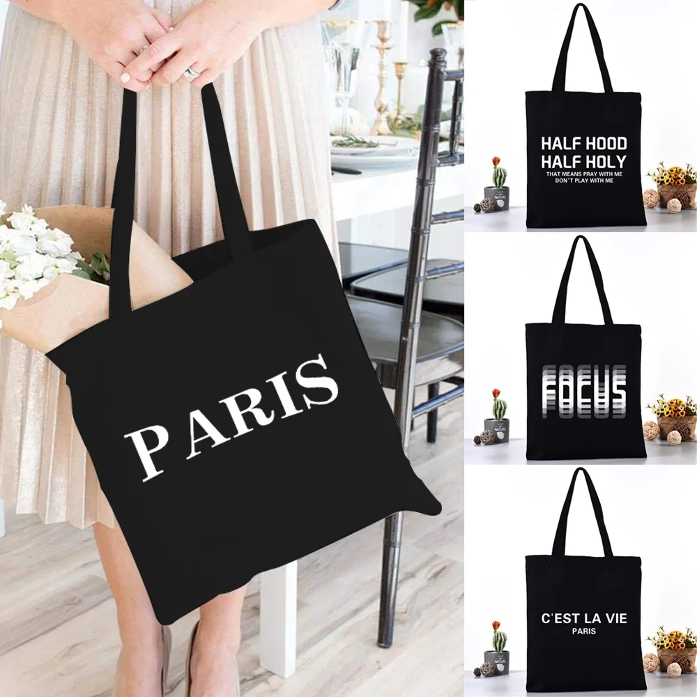 

Canvas Shoulder Bag Women's Reusable Shopping Bags Ladies Fashion Handbags Storage Bag Text Printing Casual Tote for Girls