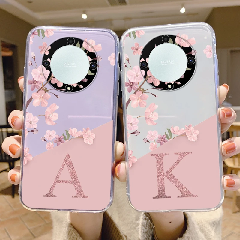 Handyhülle mit Buchstaben A-Z und Blumenmotiv für Honor X9a X9b X9c Magic5 6 7 50 Lite Huawei Nova 8i, transparente Silikonhülle, durchsichtig