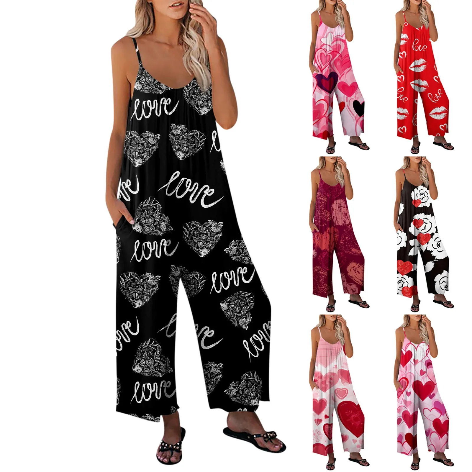 

Женский комбинезон с принтом на День святого Валентина, повседневный Свободный комбинезон с регулируемыми подтяжками, модный приятный для кожи комбинезон, комбинезон