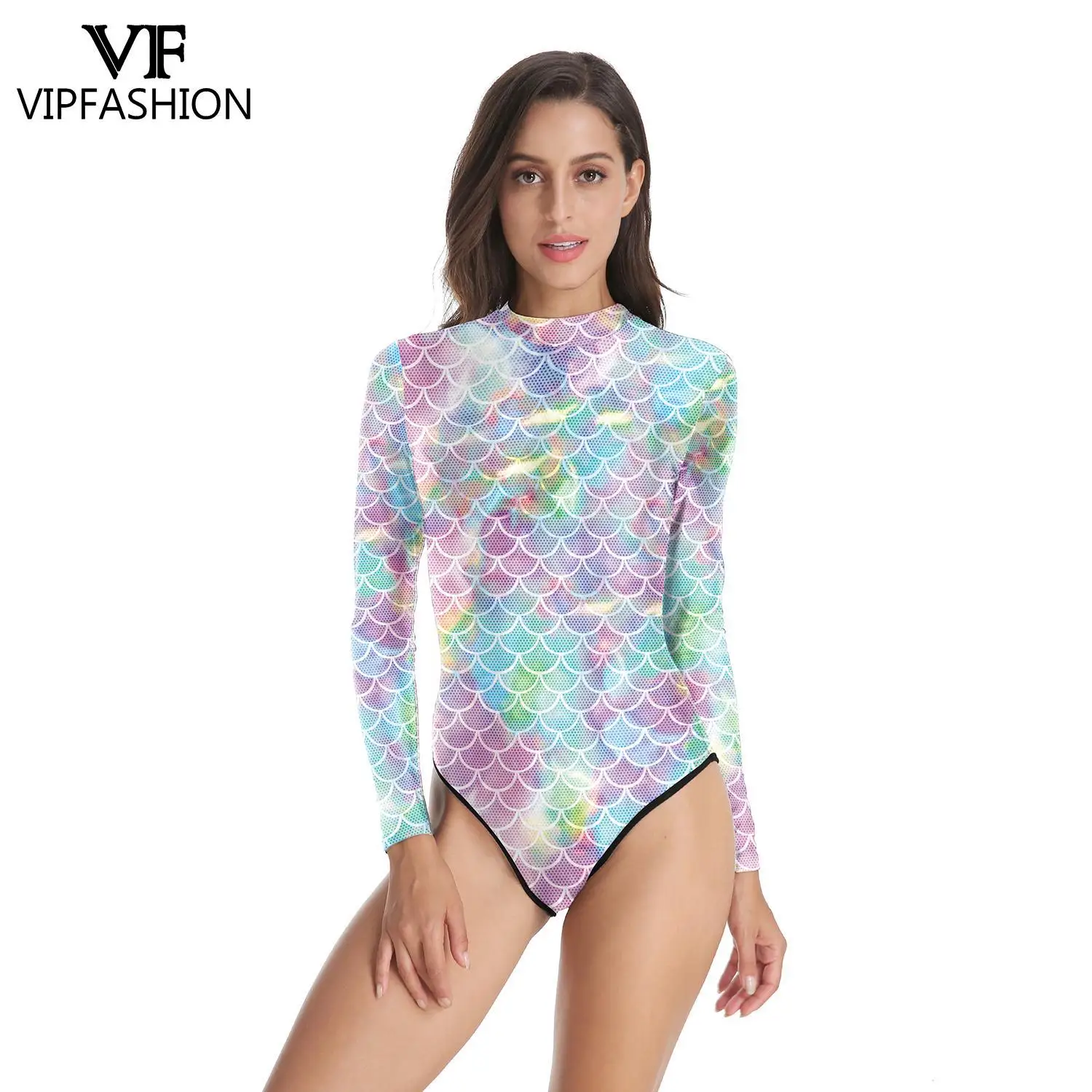 VIP FASHION Mermaid Printed Swimsuit Women Swimwear Summer Fish Scale Pattern Bodysuit Female Holiday Party Sexy Cosplay Costume