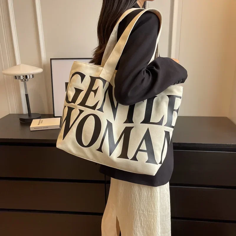 

Women's Canvas Shoulder Bags Gentlewoman Letter Large Capacity Daily Casual Hasp Handbag Fashion Female Shopping Tote Bag