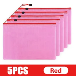 Set of 5 Waterproof Mesh Zipper Pouches for Document, Pencil, and Board Game Storage (Red)