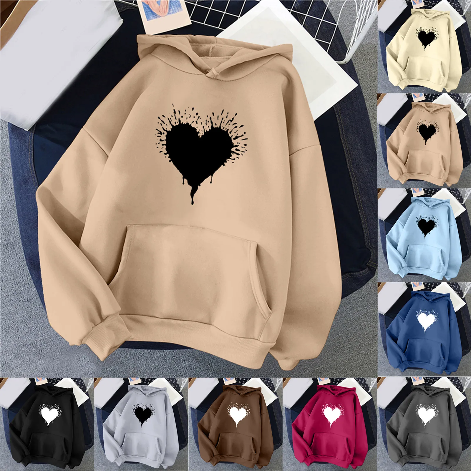 

Women Autumn And Winter Casual Fashion Solid Color Hooded Hoodie Funny Print Pocket Long patchwork Jumper
