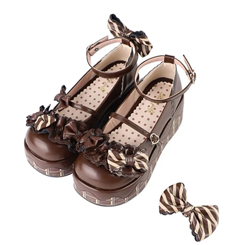 Belles filles Lolita plate-forme, jeunes femmes étudiantes doux chocolat nœuds papillon bride à la cheville Mary Janes chaussures d'ascenseur - AliExpress