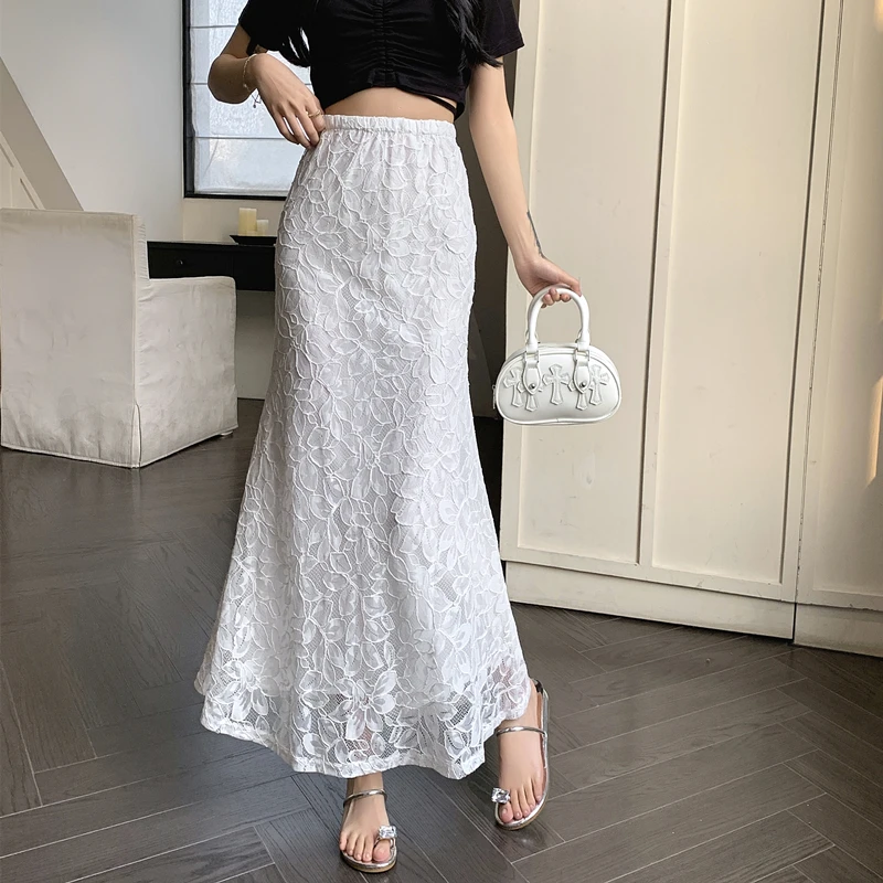 

French Chic Elegant Long Skirts for Women Lace Floral High Waist Female Skirt Faldas Ajustadas Almighty Trumpet Skirt Dropship