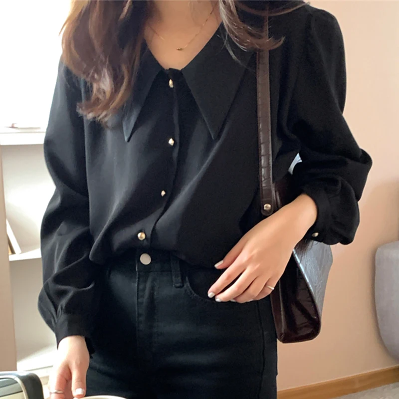 Spring and Autumn French Style Temperament Pointed Collar Chic Single-Breasted Loose All-Match Solid Color Long Sleeve Shirt Top