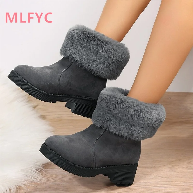 Large New Winter Low Barrel Snow Boots Thick Heel Thickened plush Warm Cotton Shoes Women's Heel Round Toe Boots