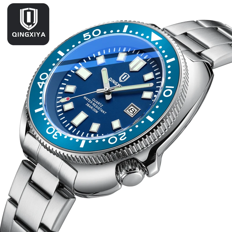 QINGXIYA Fashion Blue Quartz Watch Men Stainless Steel Waterproof Luminous Date Mens Watches Top Brand Luxury Relogio Masculino