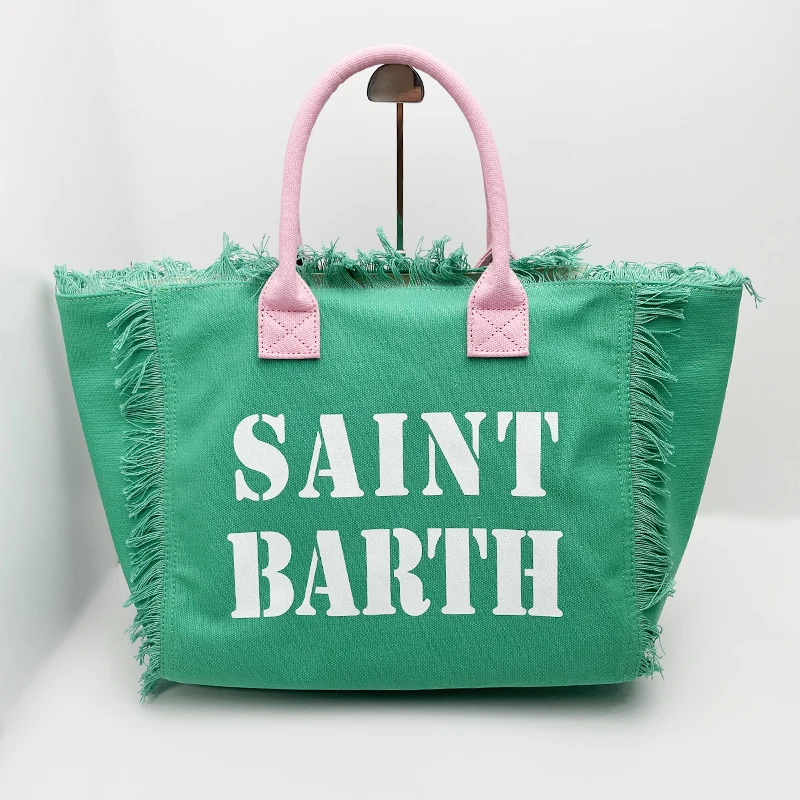 

Женская Холщовая Сумка Saint Barth Borsa, Пляжная Сумочка с надписью, дизайнерская Роскошная большая сумка на плечо с кисточками, повседневный голубой тоут с розовыми ручками