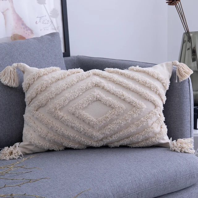 Simple Tufted Cushion Cover Geometric Rhombus Wave Big Tassel Pillowcase Hand-tufted and Crocheted Decorative Sofa Pillow Cover A-30x50cm pillowcase