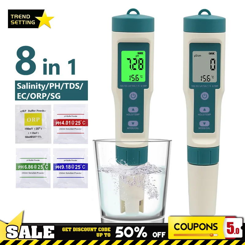 8 In 1 Digital Water Quality Ph Test Pen Tds/Ec/Ph/Orp Temp Meter Strumenti Di Analisi Tester Per Acqua Potabile Ricca Di Idrogeno
