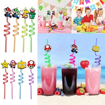 8pcs Super Mario Straws Cartoon Anime Mario Bros Birthday Party Decoration Reusable Drinking Straw Children Gift Party Supplies