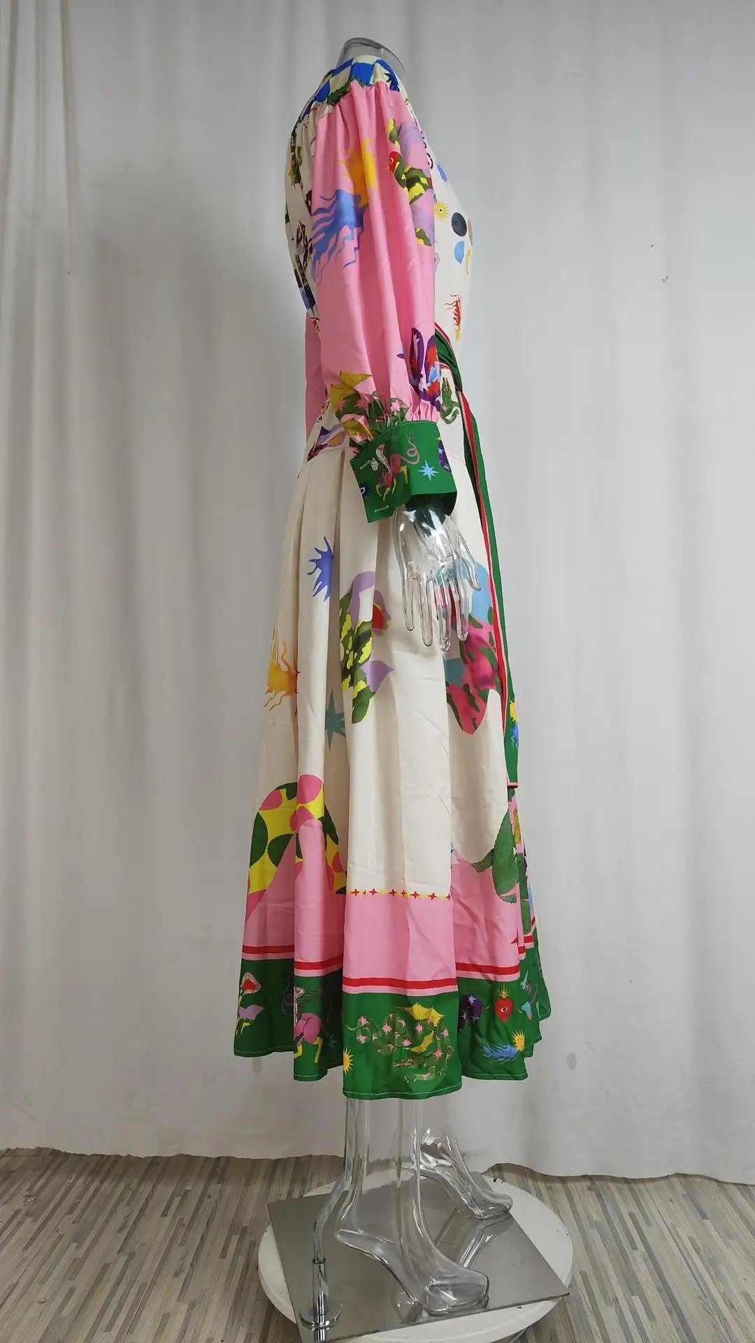 Feminino retro impresso a linha vestido longo elegante lanterna manga lapela camisa plissado vestidos de festa feminino primavera grande bainha vestido 21 S0e1f449aae1f471b8343d606b04c930d8