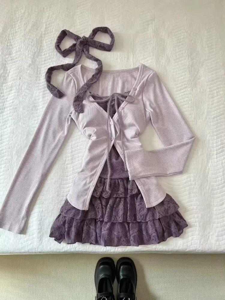 2025 New Sweet Floral Dress Set Woman Casual Red Short Cardigan Elegant Lace Y2k Mini Dress Beach Korean Fashion Clothing Suit - Image 6