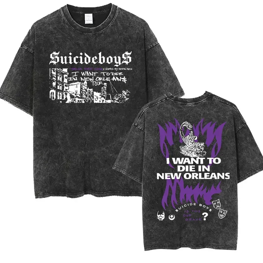 Vintage Washed Suicide Boy T-Shirt I Want To Die in New Orleans Gothic Men's Short Sleeve T-Shirt Unisex Hip Hop cotton shirt