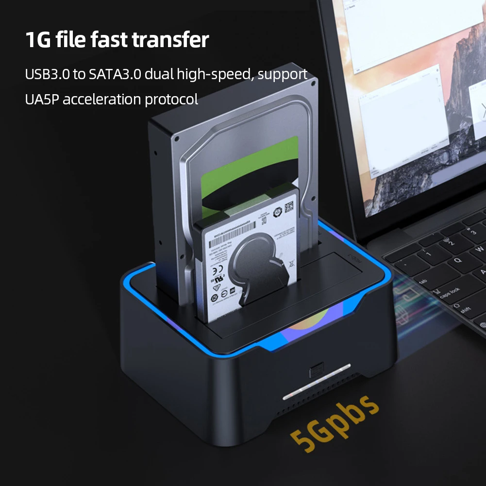 Dual-bay HDD Docking Station USB3.0 Mobile Hard Drive Copy Box Base External Hard Drive Docking for 2.5/3.5 Inch SATA Disk