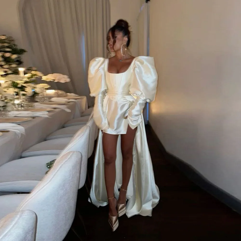 Elfenbein High Low Satin Abendkleider mit abnehmbaren Zug Puff ärmeln Brautkleid Frauen Maxi kleider zur Verlobung sparty