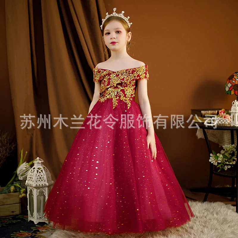 

Flower girl dress girl beautiful princess wedding bridesmaid wine red girl tulle wedding birthday party dress