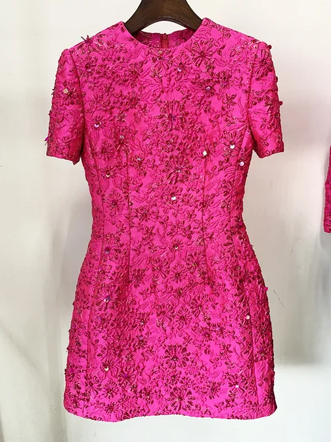 HIGH STREET Newest 2024 Designer Fashion Stylish Dress Women's Beaded Floral Jacquard Trimmed Dress 1