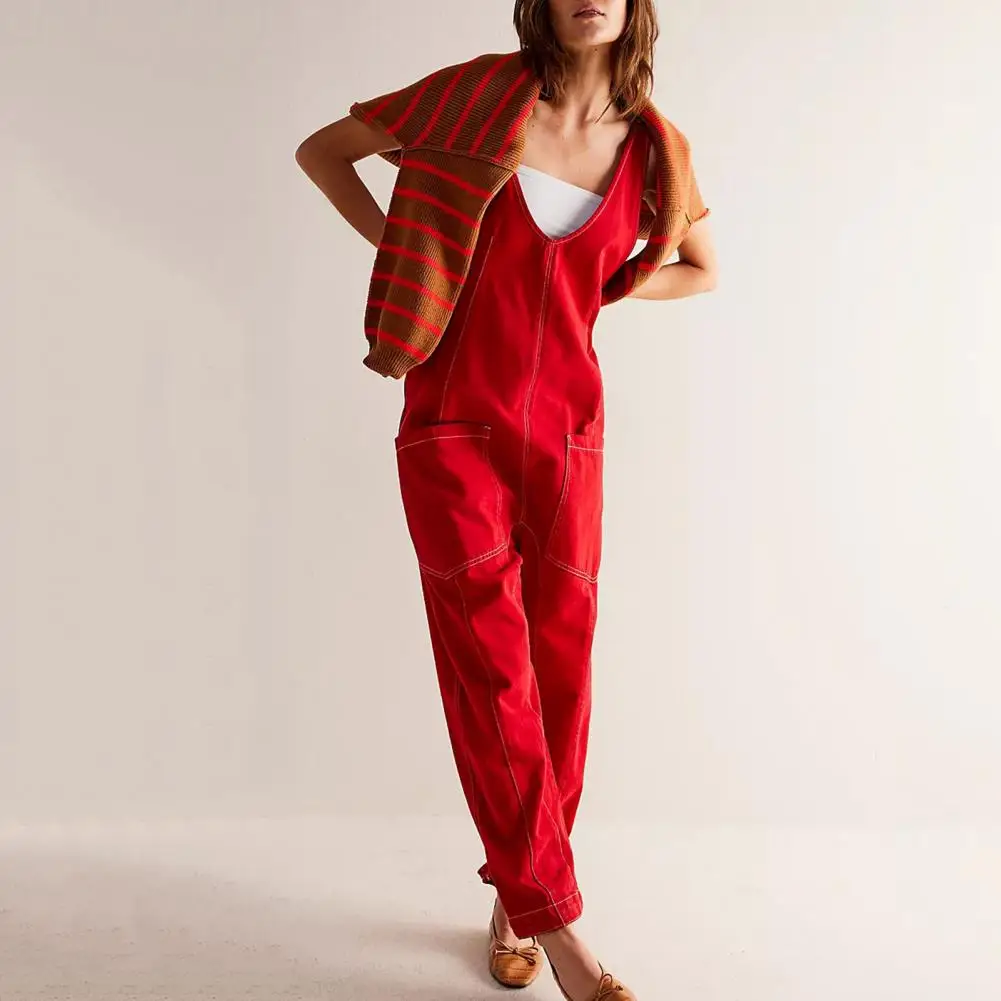 

Women Solid Color Casual Jumpsuit V-neck Adjustable Straps Pockets Jumpsuit Relaxed Fit Denim Bib Overalls Streetwear