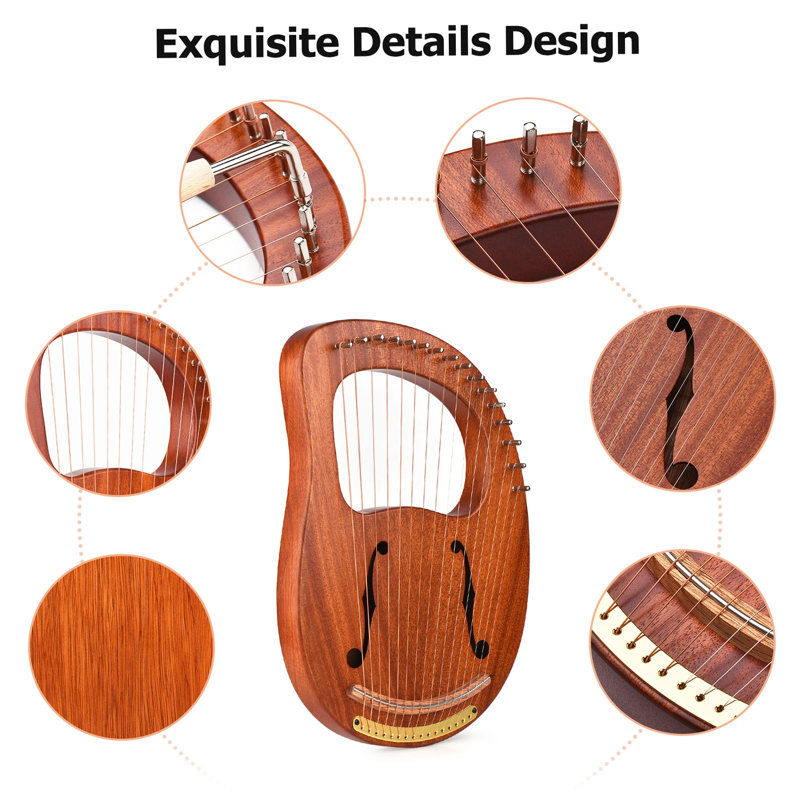 WH-16 C Tone16-String Wooden Lyre Harp Metal Strings Solid Wood String Instrument with Carry Bag Tuning Wrench Cleaning Spare