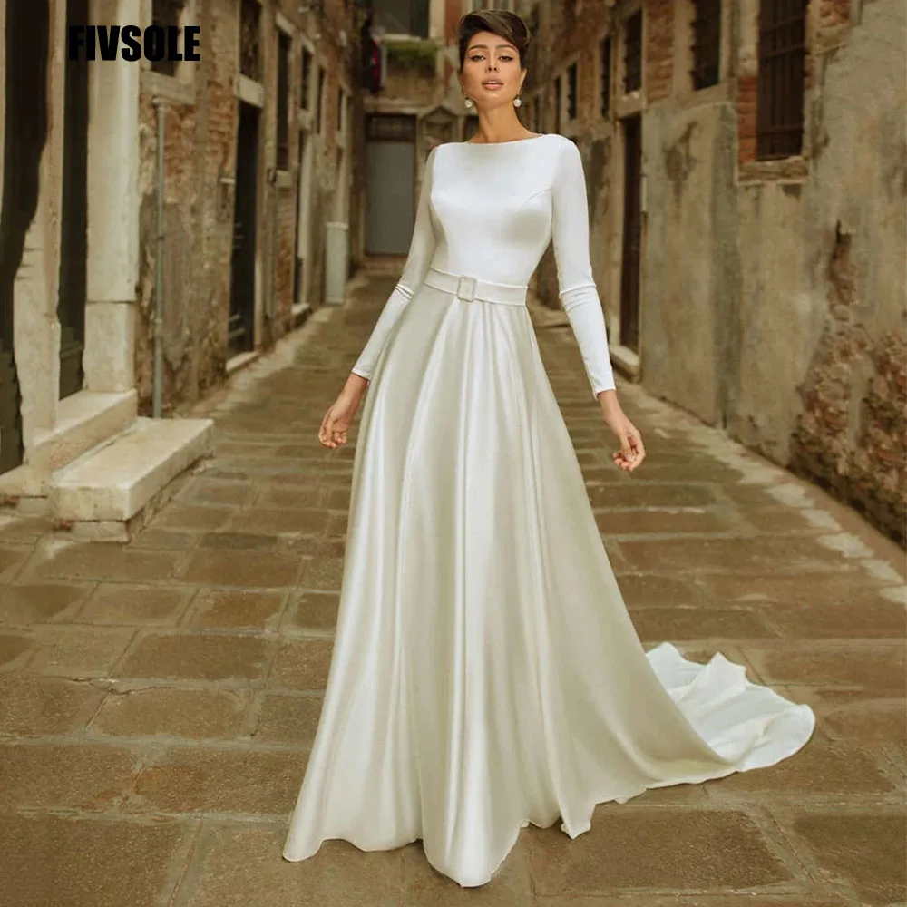 

Fivsole Sexy Backless Boho Wedding Dress Cap Shoulder Long Sleeves Bride Dress A-Line Satin Sash Wedding Gowns Robe De Mariée